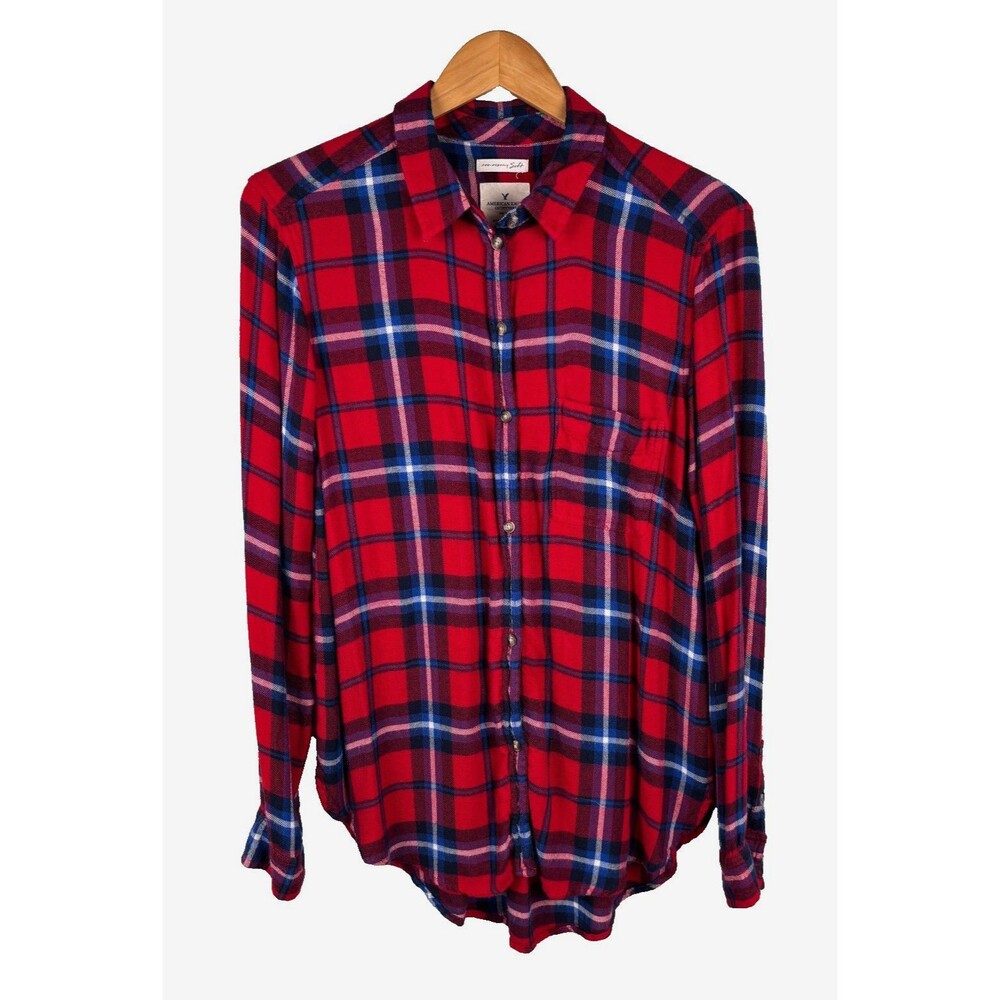 Women's American Eagle Sz M Flannel Boyfriend Red Button Up Plaid Shirt Pocket